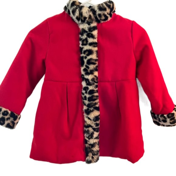London Fog Girls Red and Faux Leopard Fur Coat. Size 5/6 - Picture 1 of 6